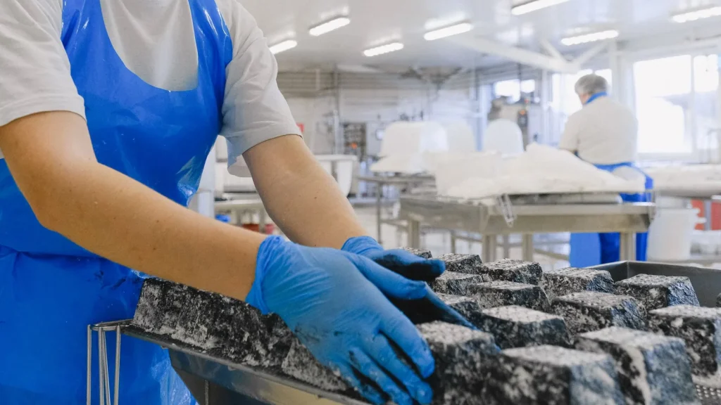 Personal de la industria alimentaria trabajando en condiciones de procesamiento y frío